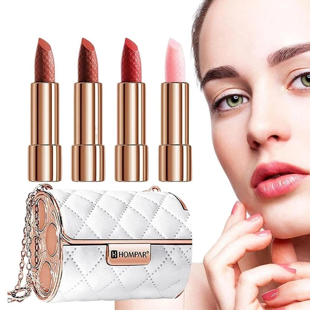 Set rossetto 4 pz opaco di lunga durata, bastoncini per labbra con borsa catena moda Regno Unito nuovo