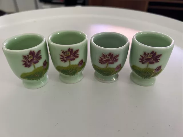 Set of 4 sake / saki cups - Green Floral Painted ceramic, Shot Glasses