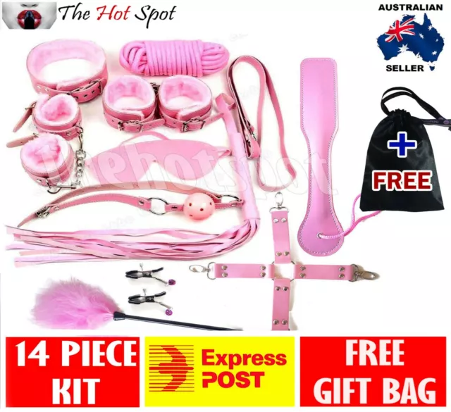 PINK SLAP TICKLE Leather Bondage Kit 14 PC handcuffs cuffs collar whip restraint