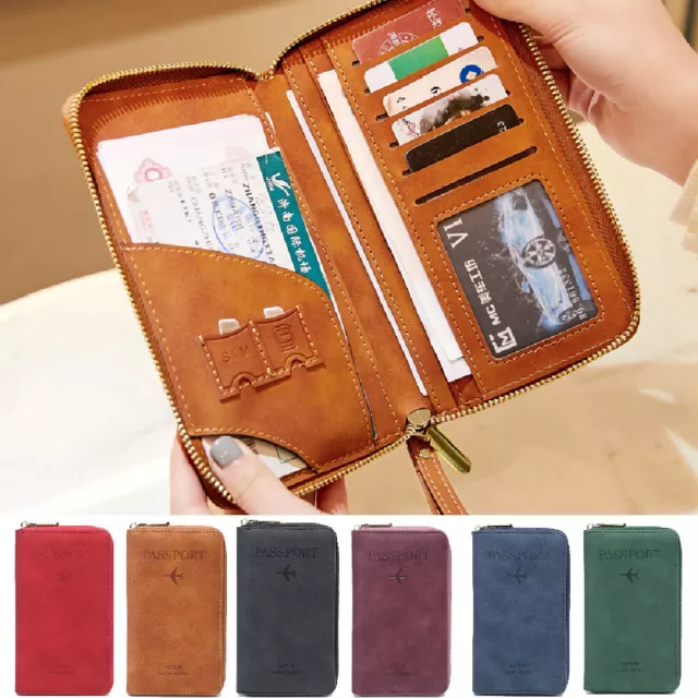 RFID Leather Passport Case Cover Travel Zipper Wallet Card Holder with Wristband