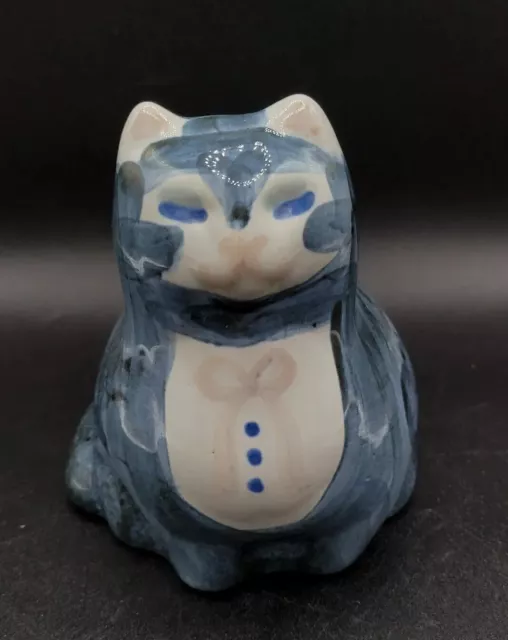 M A Hadley Pottery Cat Kitten Figurine Blue Striped Pink Bow Signed HTF Vintage