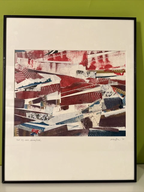 Schaffer Mixed Media Collage Art “Red Sky Over Snowfield”, Signed Framed, 16x20”
