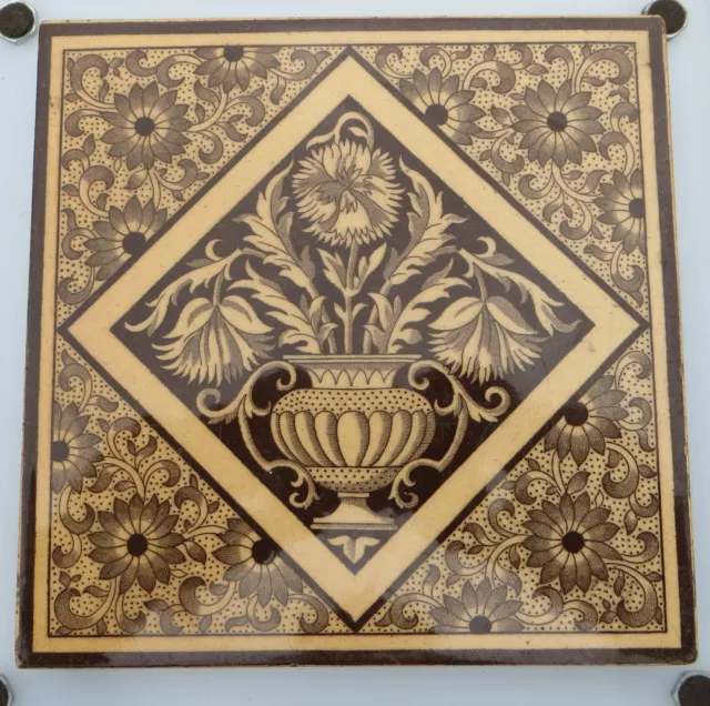 Victorian Minton Aesthetic Movement Transfer Printed Tile 6" - Urn & Flowers