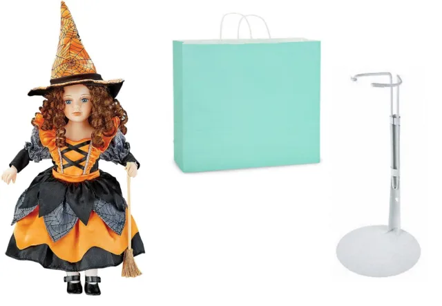 New Collectable Porcelain Orange and Black Witch Doll with Stand and Gift Bag