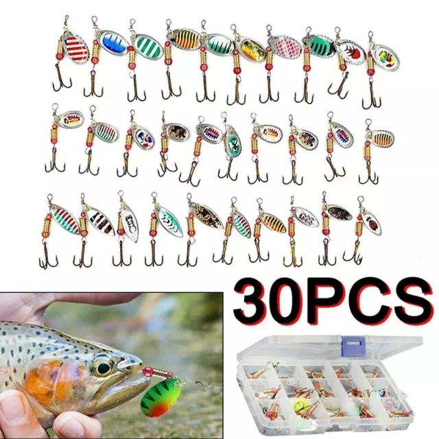 30x Metal Spinners Fishing Lures Sea Trout Pike Perch Salmon Bass Tackle Box Set