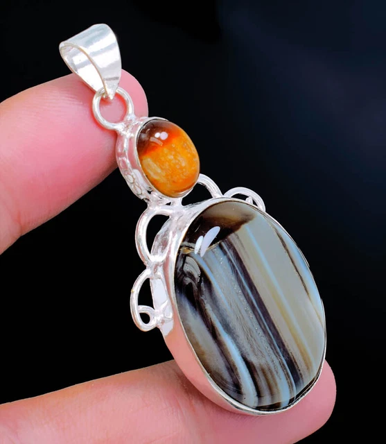925 Sterling Silver Banded Agate,Tiger'S Eye Gemstone Jewelry Pendant Sz-2.20"