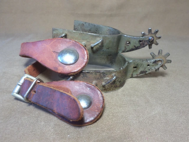 Western Cowboy Spurs Marked Japan 8 Point Rowels 3 Stationary Studs BrownLeather