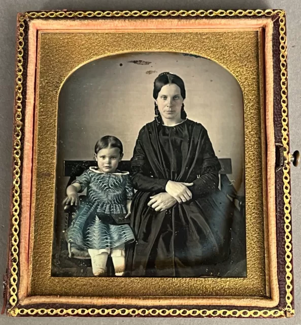 1/6 Plate Daguerreotype Of Mother With Daughter, Seated On Bench