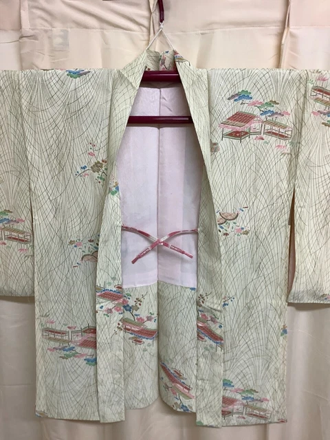 Japanese Vintage Kimono Haori Jacket silk Front strap through White 30 inch used 2