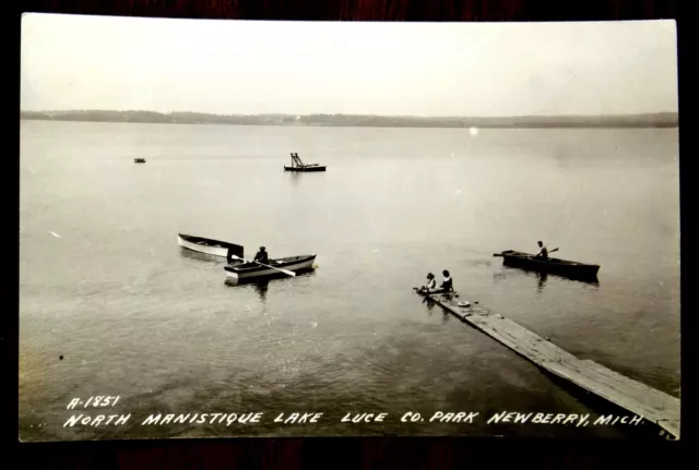 North Manistique Lake Luce Co. Park Newberry Michigan rppc Postcard 1940s MI