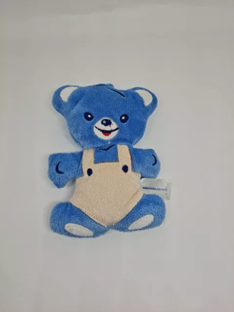 48 - Doudou Peluche Ours Blanc Beige  Bleu Grelot Hochet Nestle Neuf