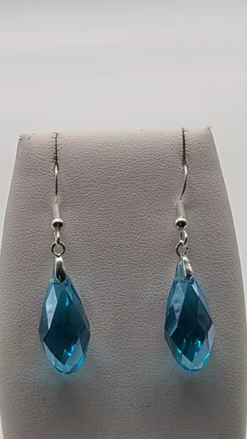 Beautiful Faceted Blue Crystal Teardrop Stamped Sterling Silver Dangle Earrings