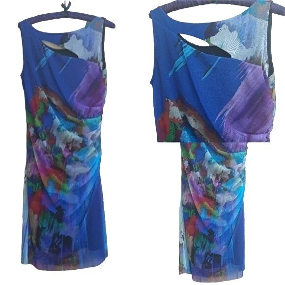 Vintage 90's Bodycon Dress L Blue Watercolor Net Overlay Cutout Ruched Artsy