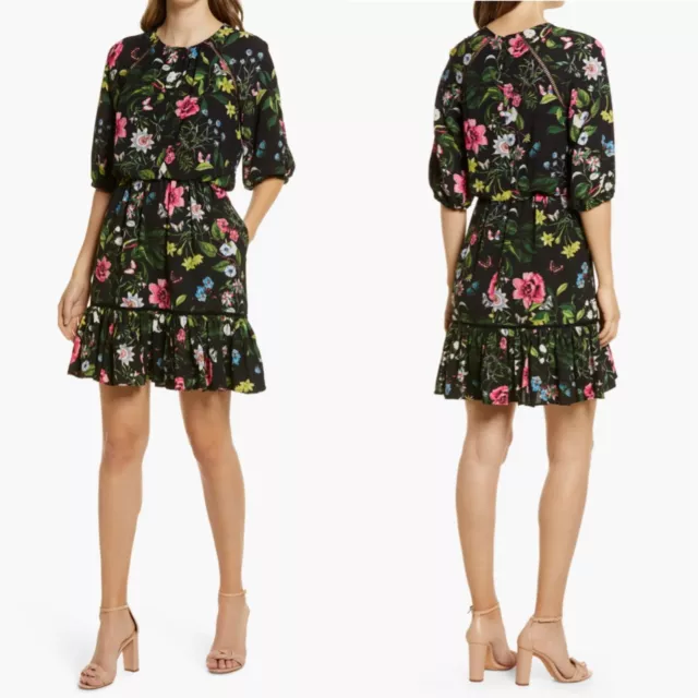 NEW ELIZA J Black FLORAL Crepe RUFFLE HEM Blouson POCKET Spring Mini DRESS 6