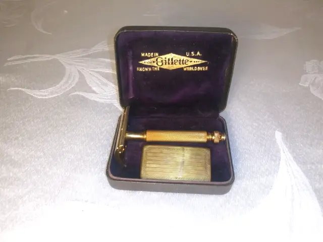 Vintage 1930s GOLD GILLETTE RAZOR with Blade Box in Travel Case