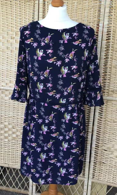 OASIS 14 Navy Blue Bird Print Tea Dress Pink Green Yellow Grey Short Bell Sleeve