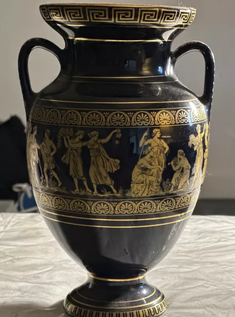 Vintage Antique ADIS 24 Karat Gold Leaf Black Greek Urn Vase Hand Made 6” Tall
