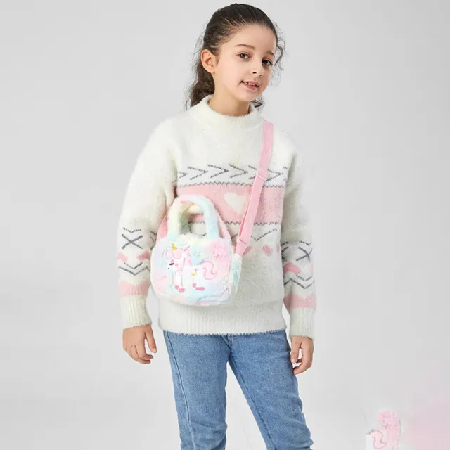 Kid Embroidery Unicorn Plush Crossbody Purses And Handbags Little Girls Rainbow