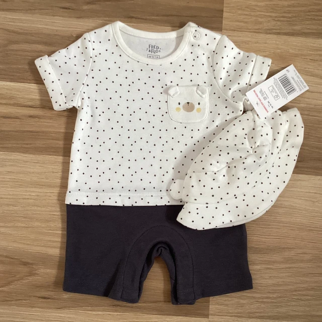 Abbigliamento bambino neonato 10 libbre nuove etichette grigio macchie set cappello corto e sole