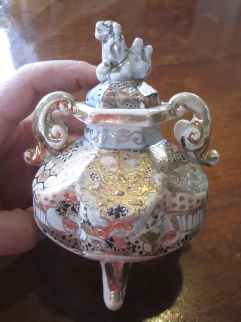 Vintage Antique Asian Japanese Footed Stoneware Pottery Foo Dog Ginger Jar