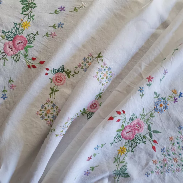 Vintage hand embroidered tablecloth, linen, pink flowers,  50" super neat