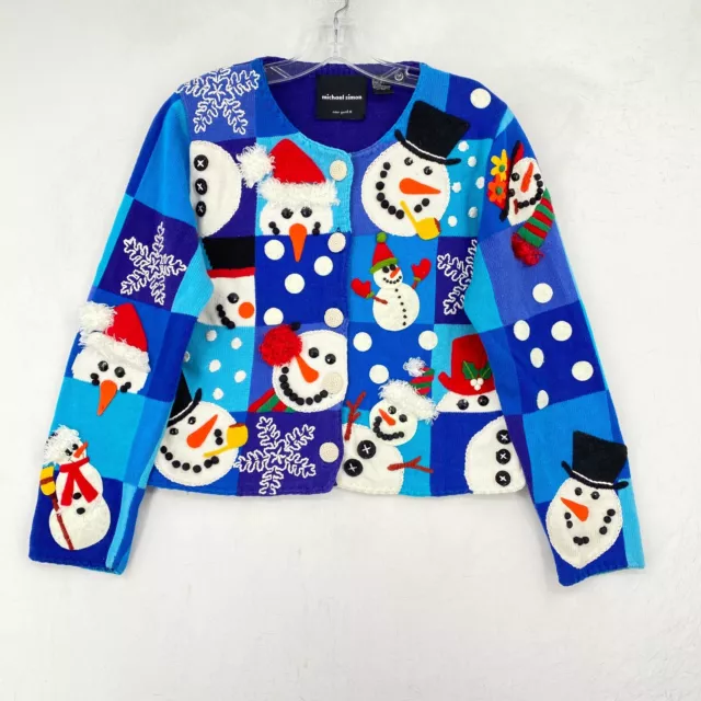 Vintage Michael Simon Cardigan Sweater Size Medium Snowman Christmas Holiday *