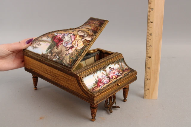 Antique Viennese Austrian Gilt Bronze Piano Music Box Romantic Enamel Paintings Antique Viennese Austrian Gilt Bronze Piano Music Box Romantic Enamel Paintings