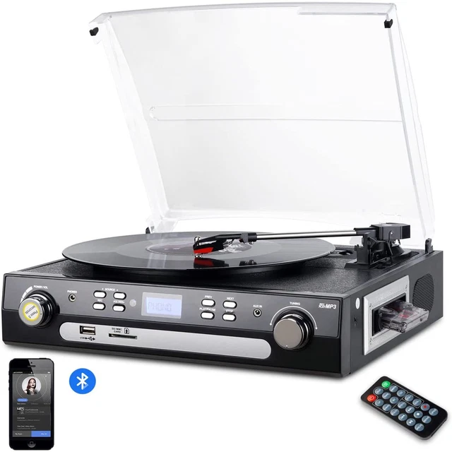 Bluetooth Turntable Record Player Stereo Speakers Vinyl to MP3 Cassette Play