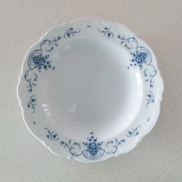 Vintage Mitterteich Soup Bowl 8 7/8" White Blue Floral Scalloped Edge Bavaria