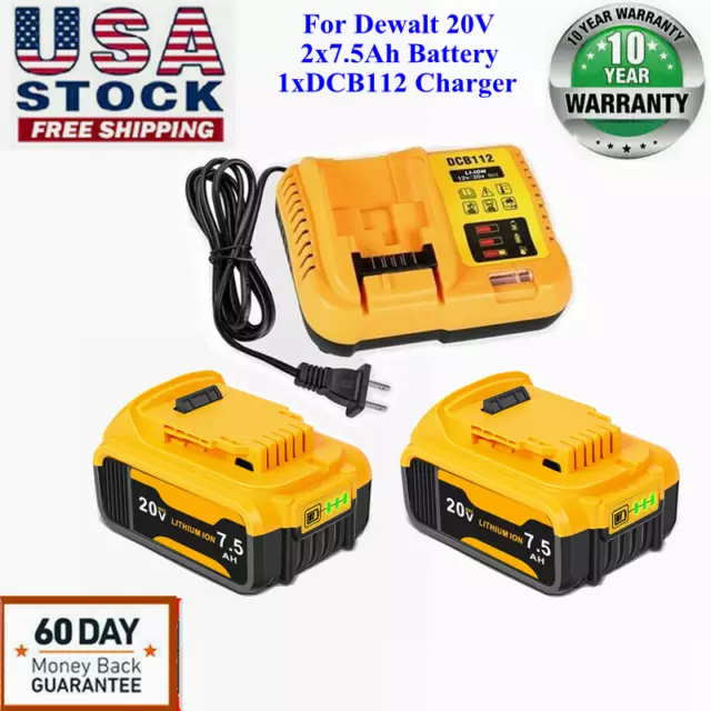 2Pack 7.5AH Battery W/Charger For DeWalt 20V Max XR  DCB204-2 DCB206 DCB205 NEW
