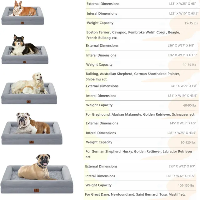M L XL XXL Orthopedic Memory Foam Gray Dog Bed with Removable Cover & Bolster
