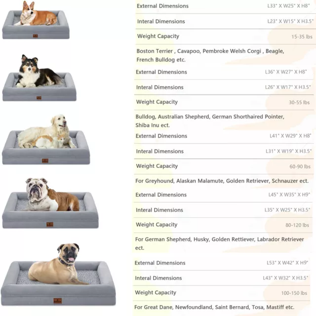 S M L XL XXL XXXL Orthopedic Memory Foam Gray Dog Bed w/ Removable Cover&Bolster