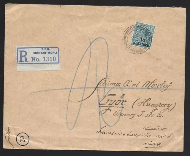 British Levant covers 1922 R-cover Constantinople to Gyor/Hungary