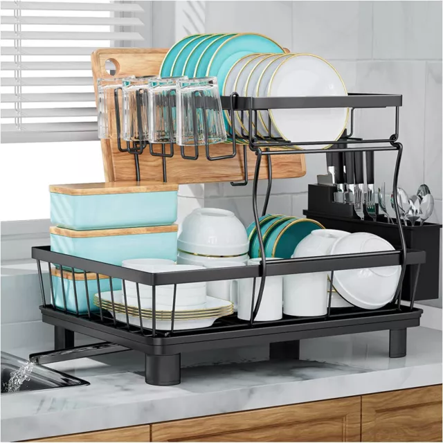 2-Tier Dish Drainer Rack - Dishes Drying Storage Rack with Drainboard Detachable