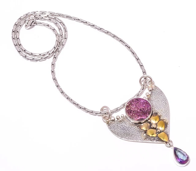 Pink Agate Drusy Gemstone 925 Sterling Silver Pendant Chain Size P.2.54" A323