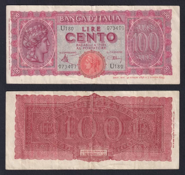 Italy 100 Livres Turrita 1944 P 75a BB / VF G-04