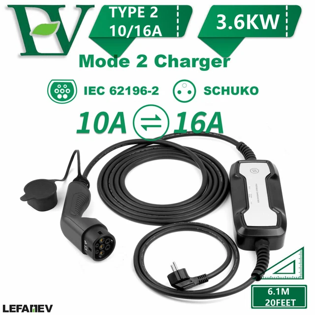 Wallbox Chargeur Portable voiture électrique EV Type 2 Réglable 10 à 16A SCHUKO