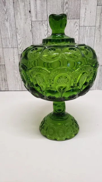 Vintage LE Smith Moon & Stars Emerald Green Glass Lidded Candy Dish Compote 10”