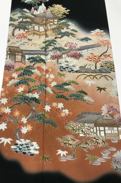 @@Japanese vintage kimono/ tomesode black silk fabric/ garden, gold lame B46