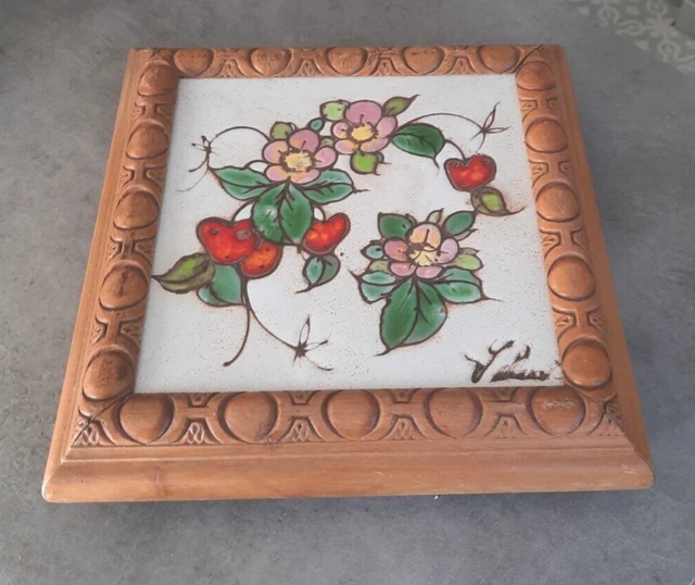 Ancien Dessous-de-plat En Bois Et Faïence – Motif Oiseau, Collection Terre De Fer