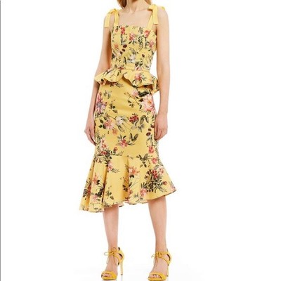 Antonio Melani Size 6 Yellow Floral Loraine Peplum Ruffle Sleeveless Dress GUC