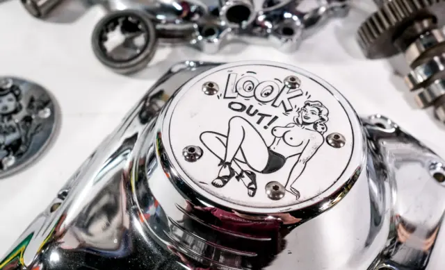 Custom Engraved Timing Points Cover Look Out Pinup Flash Tattoo Harley Twin Cam