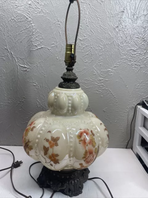 Vintage Table Parlor Lamp Bubble Glass Brass 3 Way Light Floral Design