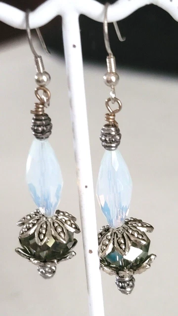 Handcrafted Silver, Smokey Topaz & Opalite Dangle Earrings SZ 2 & 10 Gms E25