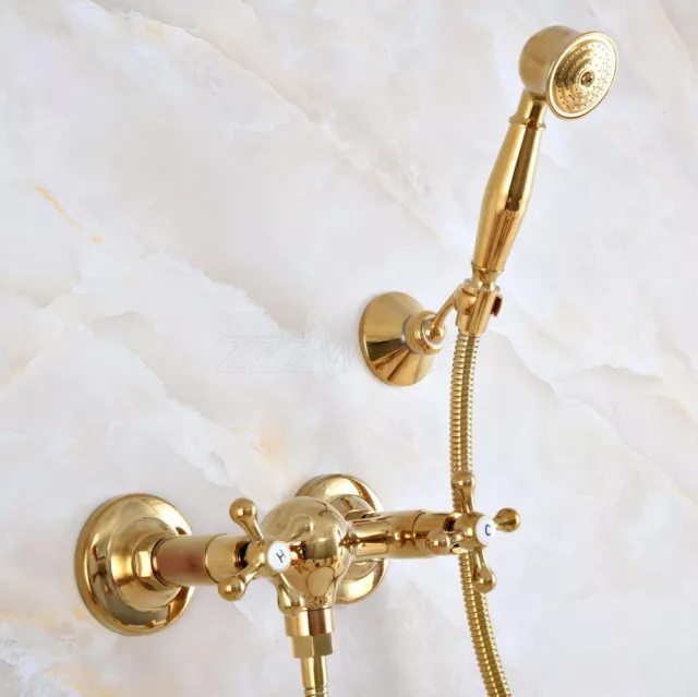 Golden Brass Wall-Mount Bathroom Shower Faucet Mixer Tap W/ Hand Shower Head