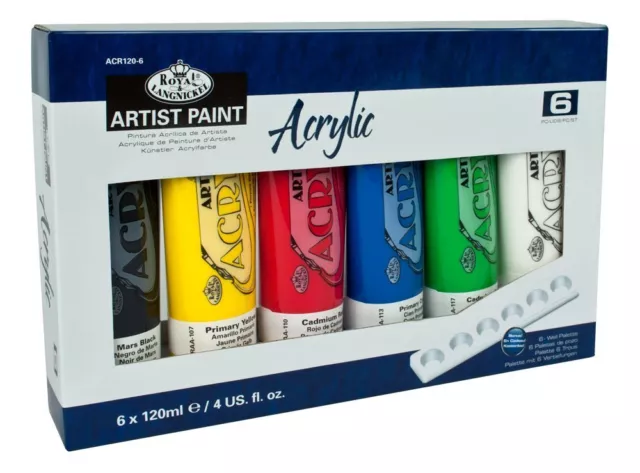 6 x 120ml ACRYLIC ARTIST PAINT TUBES ASSORTED COLOURS & PALETTE ART CRAFT