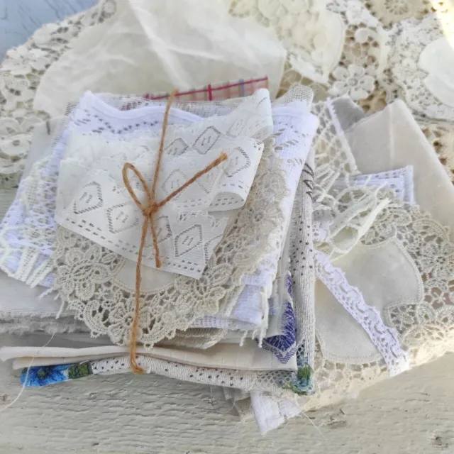 Vintage scrap fabric lot Slow stitch junk journal kit Lace Doily
