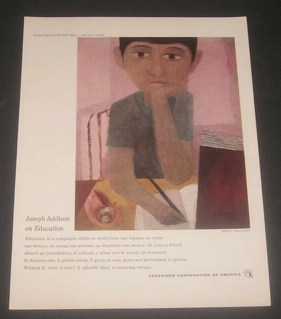 1950 Container Corp of America Ad - Joseph Addison on Education - Leo Lionni Art
