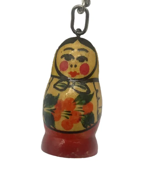 Vintage Wooden Hand Painted Russian Matryoshka Nesting Doll Keychain 1-5/16"