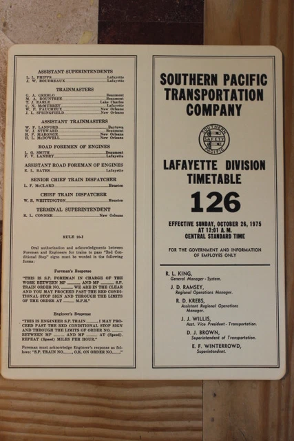 Southern Pacific Lafayette Division Employee Timetable #126 Oct 26, 1975-Mint